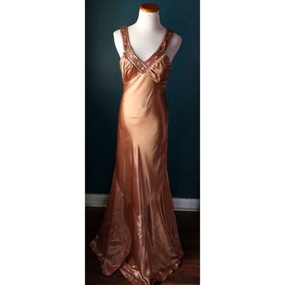 Vintage Niki Livas Y2K Bronze Gold Satin Beaded Pin Up Formal Glam Dress Size 10 - Picture 1 of 16